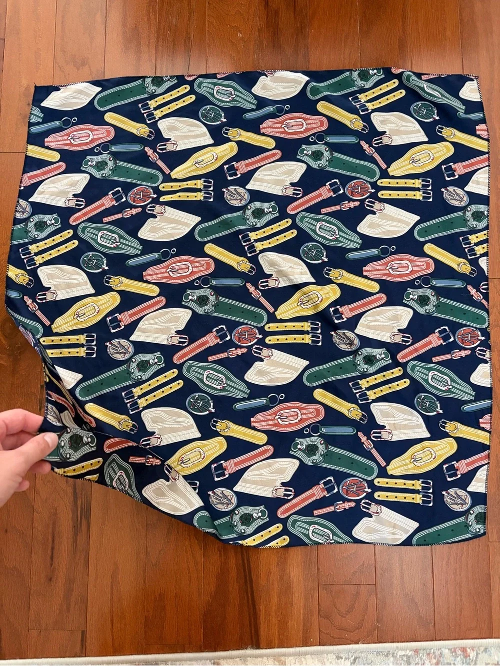 Navy Silk Scarf with Colorful Belt & Watch Motif